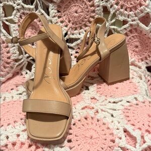 Neutral Tan Block Heel Sandals with Ankle Strap - Women